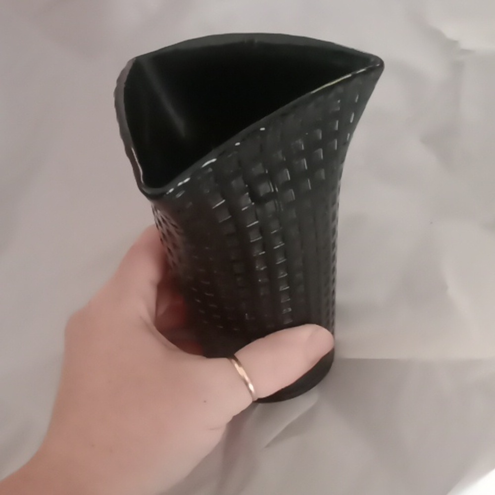 MCM McKee Style Pressed Black Glass Art Deco Basket Grid Stipple Vase